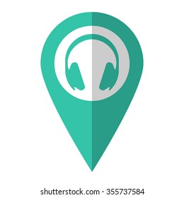 Headphones - vector icon;  green map pointer