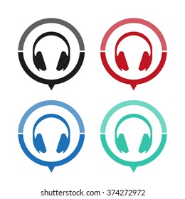 Headphones - vector icon; map pointer;  message bubble
