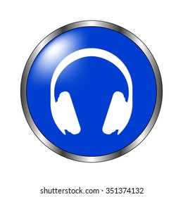 Headphones - vector icon on the blue buton