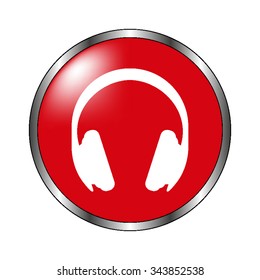Headphones - vector icon on the  red button
