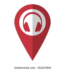 Headphones - vector icon; red map  pointer