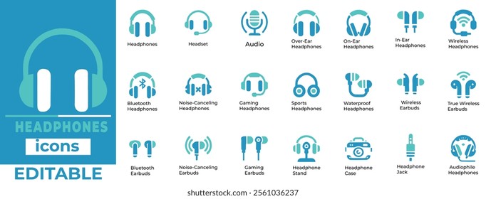 Headphones Vector Icon Set: Bluetooth, Noise-Canceling, Gaming, Wireless, Audiophile Editable Design