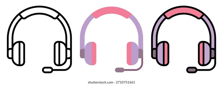 Conjunto de iconos de Vector de auriculares en contorno, color y estilo plano