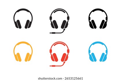 Headphones vector icons in black, yellow, red and blue colors on white background, showcasing a simple, clean design. Ideal for tech, music, or call center themes.
