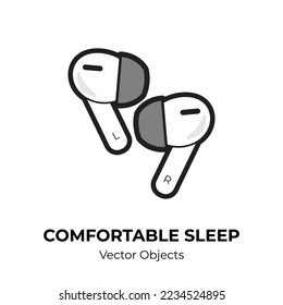 Vector de audífonos aislado. Cómoda ilustración del sueño vector de línea blanca negra, buen sueño. Auriculares con el concepto de dibujos animados, cancelación de ruido contra el trastorno del sueño insomnio depresión. Autoayuda