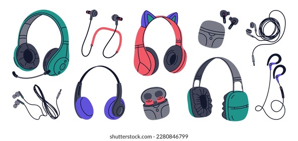 Headphones vector set. Music listening wired and wireless audio equipment, earphones and in-ear electronic music devices flat cartoon vector Illustration set