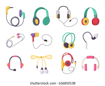 Headphones vector set music technology accessory studio sound design collection dj speaker.