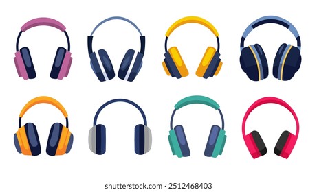 Headphones vector set, wireless headphone accessories, cartoon headset icon flat illustration, collection of audio gadget electronics device