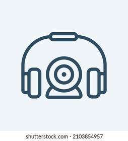 Headphones with video camera line icon. Online conference sign. Virtual education symbol. Minimal line illustration background. Headphones line icon pattern banner. White web template concept. Vector