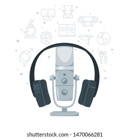 Headphones and vintage microphone flat vector illustration. Listening to music. Karaoke mic, loudspeaker. Podcast recording, radio broadcasting equipment isolated design element
