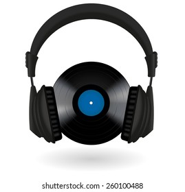 Headphones and Vinyl gramophone record.  Vector Illustration isolated on white background.