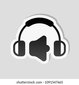 Headphones and volume level. Max volume level. Simple icon. Sticker style with white border and simple shadow on gray background