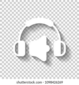 Headphones and volume level. Max volume level. Simple icon. White icon with shadow on transparent background