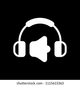 Headphones and volume level. Max volume level. Simple icon. White icon on black background. Inversion