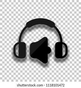 Headphones and volume level. Max volume level. Simple icon. Black glass icon with soft shadow on transparent background