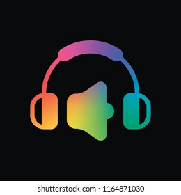 Headphones and volume level. Max volume level. Simple icon. Rainbow color and dark background