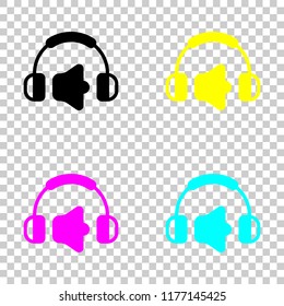 Headphones and volume level. Max volume level. Simple icon. Colored set of cmyk icons on transparent background