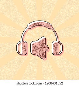Headphones and volume level. Max volume level. Simple icon. Vintage retro typography with offset printing effect. Dots poster with comics pop art background