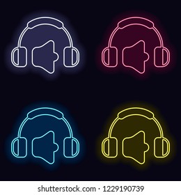 Headphones and volume level. Max volume level. Simple icon. Set of neon sign. Casino style on dark background. Seamless pattern