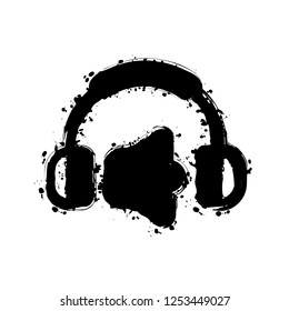 Headphones and volume level. Max volume level. Simple icon. Black ink with splashes on white background