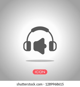 Headphones and volume level. Max volume level. Simple icon. Icon under spotlight. Gray background