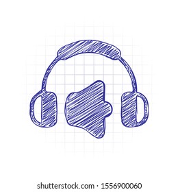 Headphones and volume level. Max volume level. Simple icon. Hand drawn sketched picture with scribble fill. Blue ink. Doodle on white background