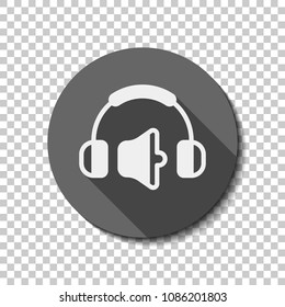 Headphones and volume level. Medium volume level. Simple icon. White flat icon with long shadow in circle on transparent background. Badge or sticker style