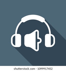 Headphones and volume level. Medium volume level. Simple icon. White flat icon with long shadow on background