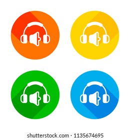 Headphones and volume level. Medium volume level. Simple icon. Flat white icon on colored circles background. Four different long shadows in each corners