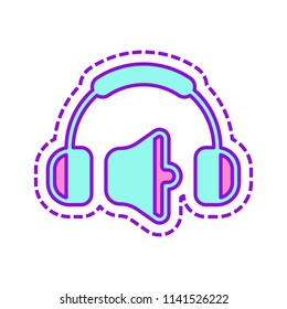 Headphones and volume level. Medium volume level. Simple icon. Colored sketch with dotted border on white background