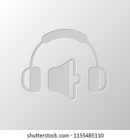 Headphones and volume level. Medium volume level. Simple icon. Paper design. Cutted symbol. Pitted style