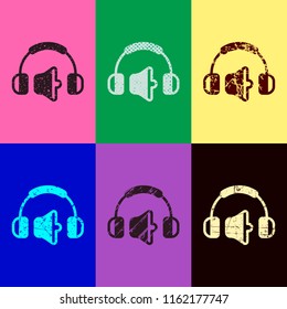 Headphones and volume level. Medium volume level. Simple icon. Pop art style. Scratched icons on 6 colour backgrounds. 