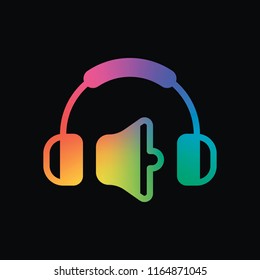 Headphones and volume level. Medium volume level. Simple icon. Rainbow color and dark background