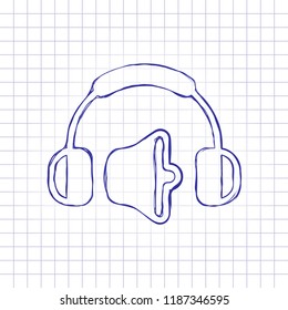 Headphones and volume level. Medium volume level. Simple icon. Hand drawn picture on paper sheet. Blue ink, outline sketch style. Doodle on checkered background