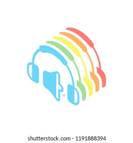 Headphones and volume level. Medium volume level. Simple icon. Stack of colorful isometric icons on white background