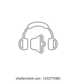 Headphones and volume level. Medium volume level. Simple icon. Dotted outline silhouette with shadow on white background