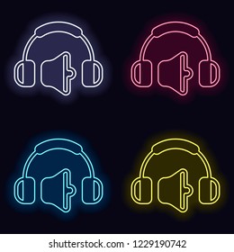 Headphones and volume level. Medium volume level. Simple icon. Set of neon sign. Casino style on dark background. Seamless pattern