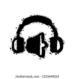 Headphones and volume level. Medium volume level. Simple icon. Black ink with splashes on white background