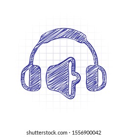 Headphones and volume level. Medium volume level. Simple icon. Hand drawn sketched picture with scribble fill. Blue ink. Doodle on white background