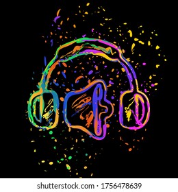 Headphones and volume level. Medium volume level. Simple icon. Colored ink with splashes on black background