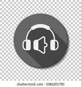 Headphones and volume level. Min volume level. Simple icon. White flat icon with long shadow in circle on transparent background. Badge or sticker style