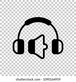 Headphones and volume level. Min volume level. Simple icon. On transparent background.