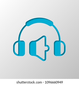 Headphones and volume level. Min volume level. Simple icon. Paper design. Cutted symbol with shadow