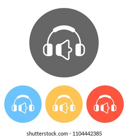 Headphones and volume level. Min volume level. Simple icon. Set of white icons on colored circles
