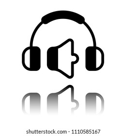 Headphones and volume level. Min volume level. Simple icon. Black icon with mirror reflection on white background