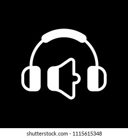 Headphones and volume level. Min volume level. Simple icon. White icon on black background. Inversion