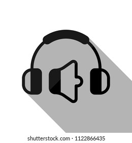 Headphones and volume level. Min volume level. Simple icon. Black object with long shadow on white background