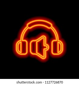 Headphones and volume level. Min volume level. Simple icon. Orange neon style on black background. Light icon