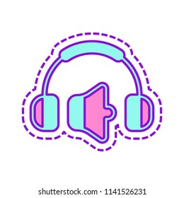 Headphones and volume level. Min volume level. Simple icon. Colored sketch with dotted border on white background