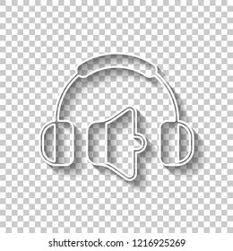 Headphones and volume level. Min volume level. Simple icon. White outline sign with shadow on transparent background